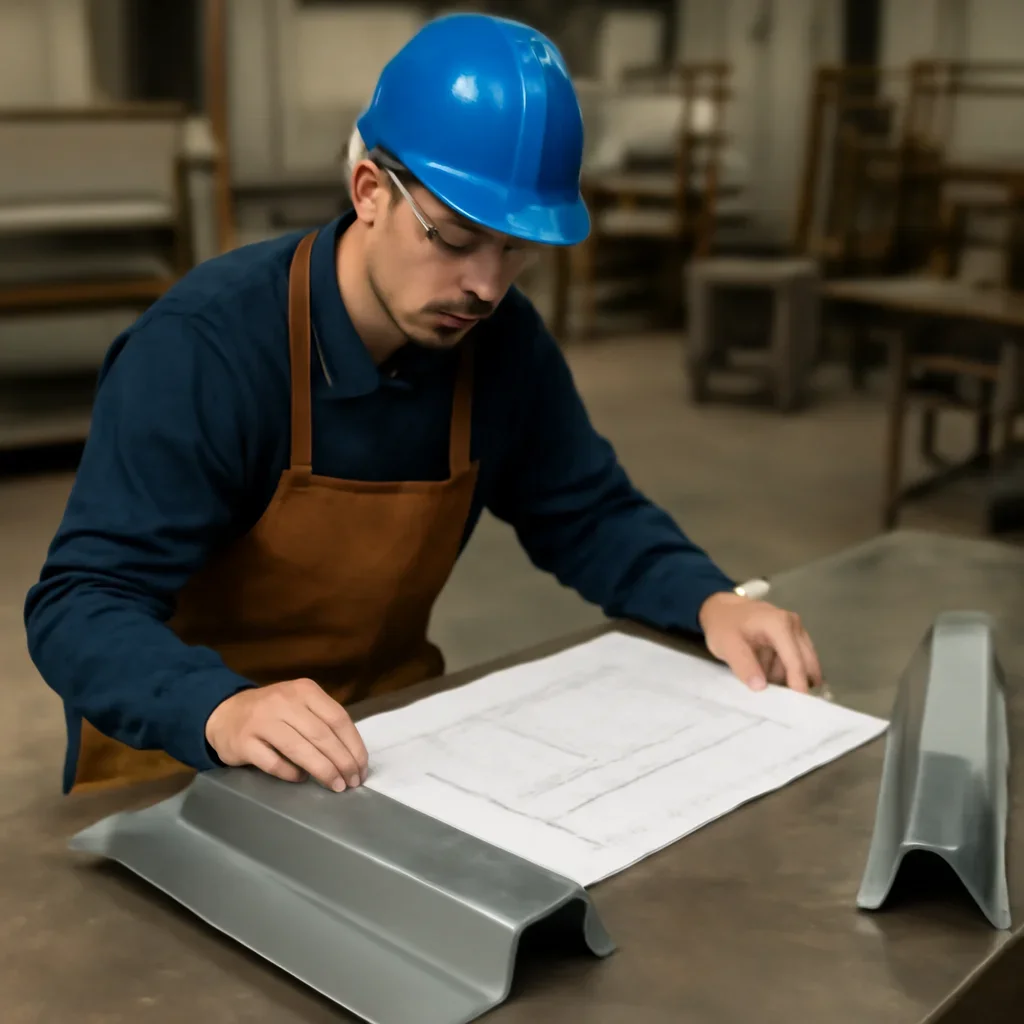 Sheet metal worker reviewing roof metal dimensions at a fabrication table